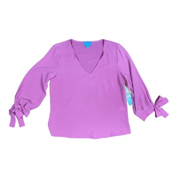 CeCe Bow Tie Cuff 3/4 Sleeves Crepe V Neck Blouse Top Pink Sz S Barbiecore New - Picture 1 of 8